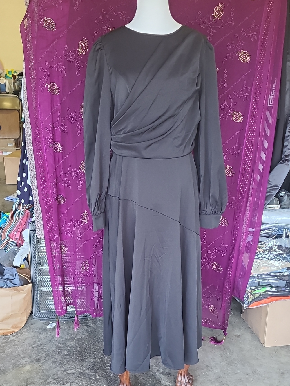 SHEIN Black Long Sleeve Draped Waist Maxi Dress